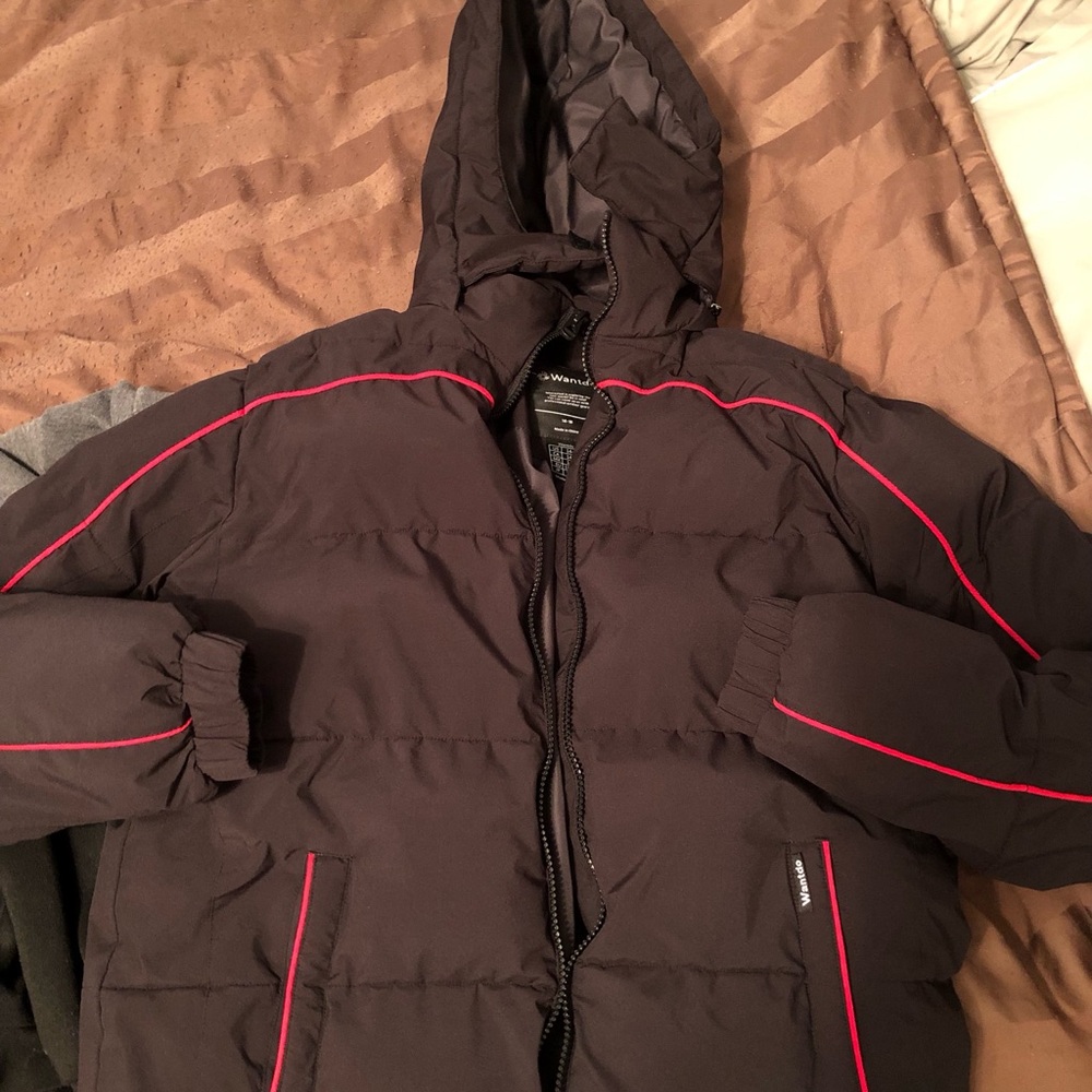 Children's Black Puffer Jacket with Red Accents
